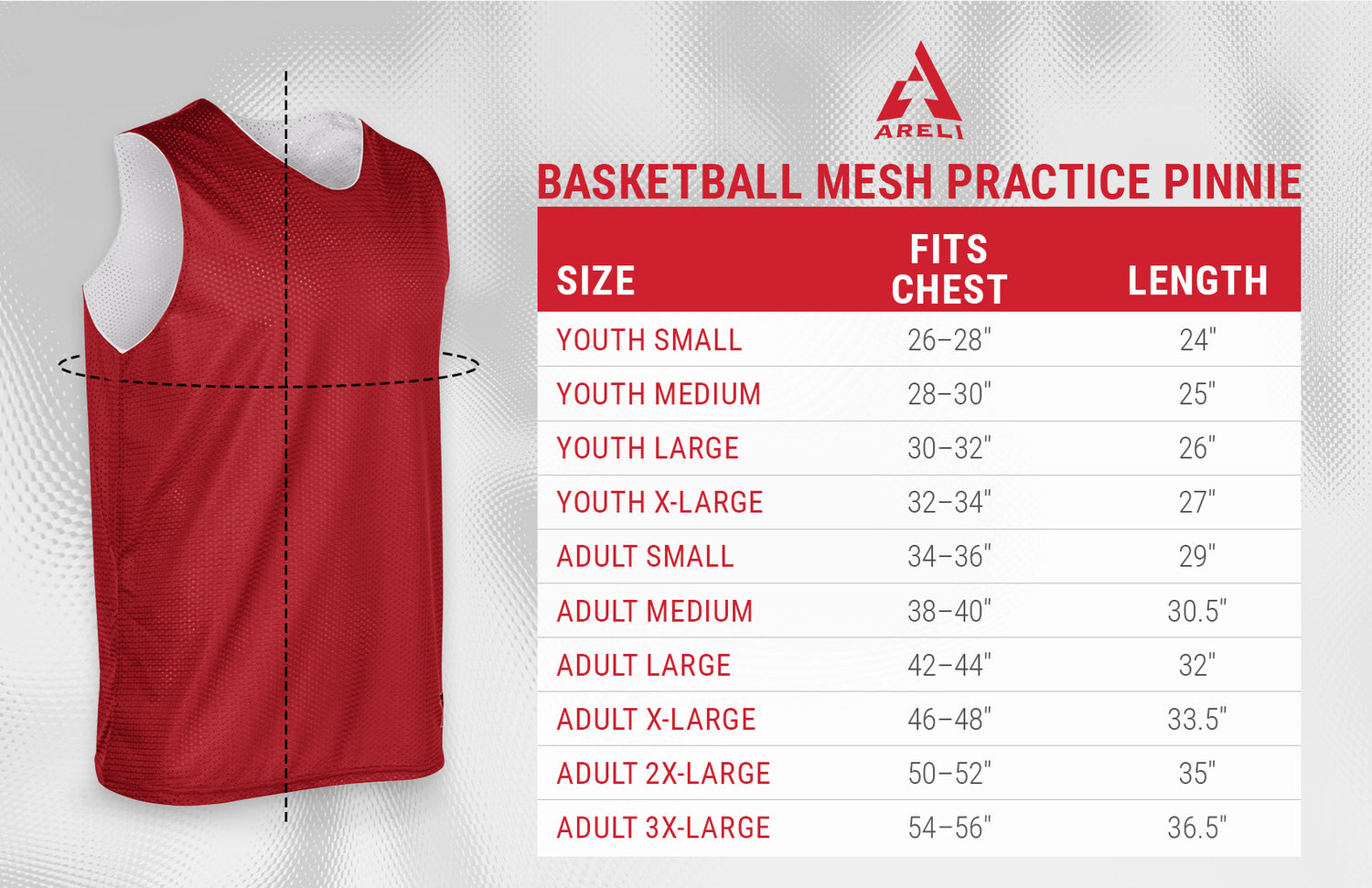 Size chart with image of pinnie