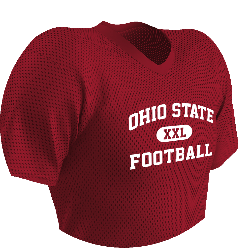 Scarlet football pinnie with white text on it