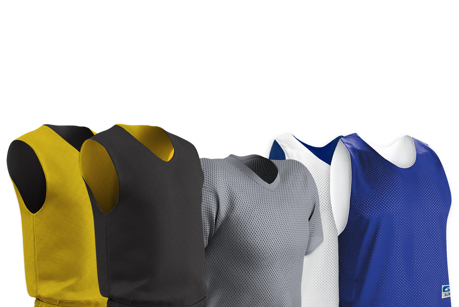 Gold and black basketball pinnie, silver football pinnie, and royal and white lacrosse pinnie