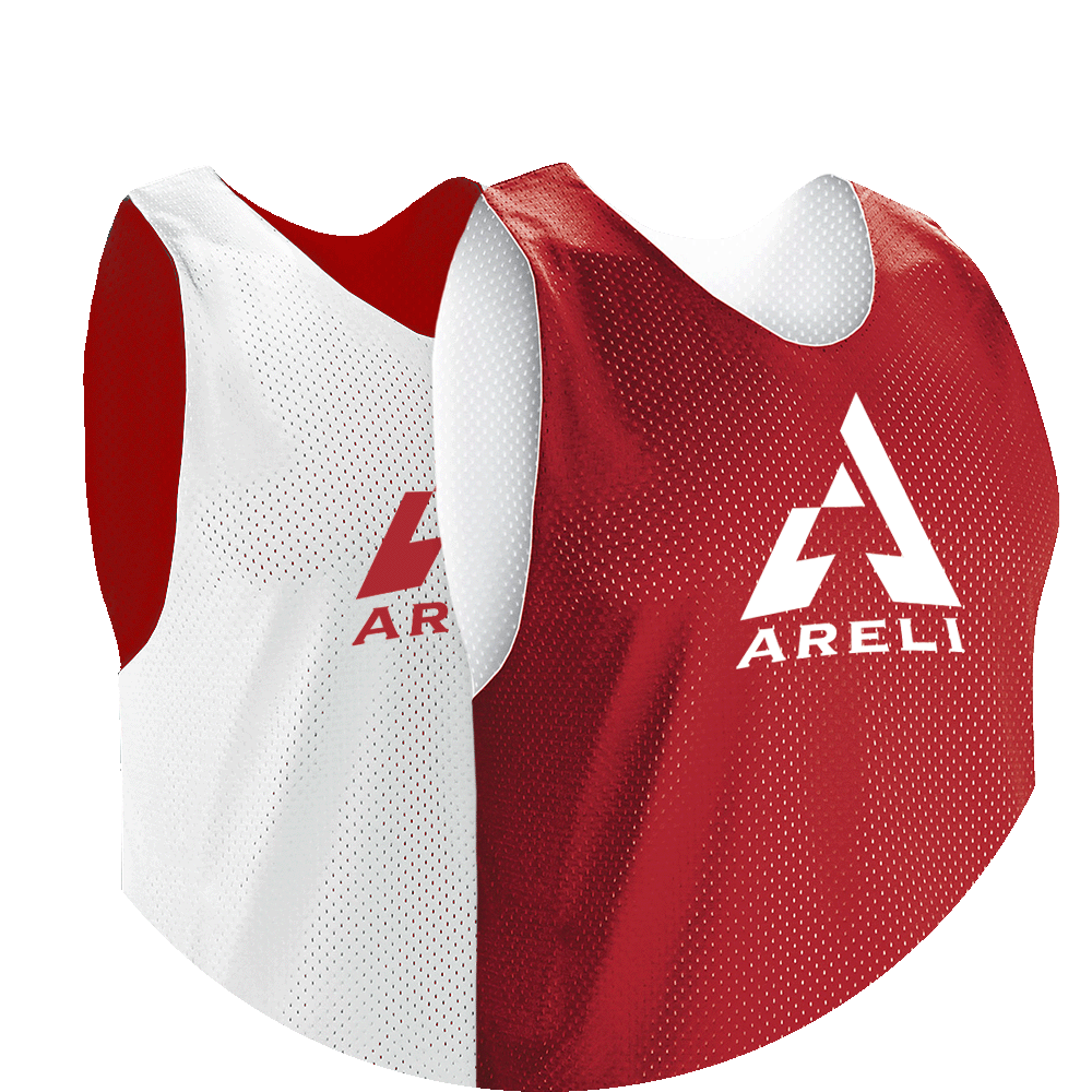 Red and white lacrosse pinnie with design